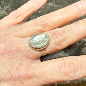 Vintage Mid-Century Taxco Sterling Silver Ring Oval Abalone Polished Shell Stamp